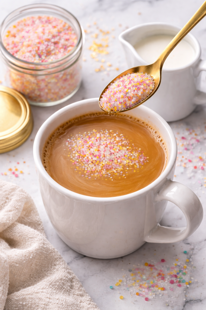 Spoonful of colorful fancy sugar being added to a creamy cup of coffee with creamer on a marble countertop