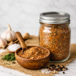 Homemade farm dust seasoning in a glass jar with a wooden bowl of spice blend on a white marble countertop