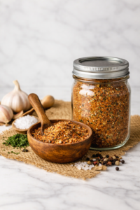 Homemade farm dust seasoning in a glass jar with a wooden bowl of spice blend on a white marble countertop