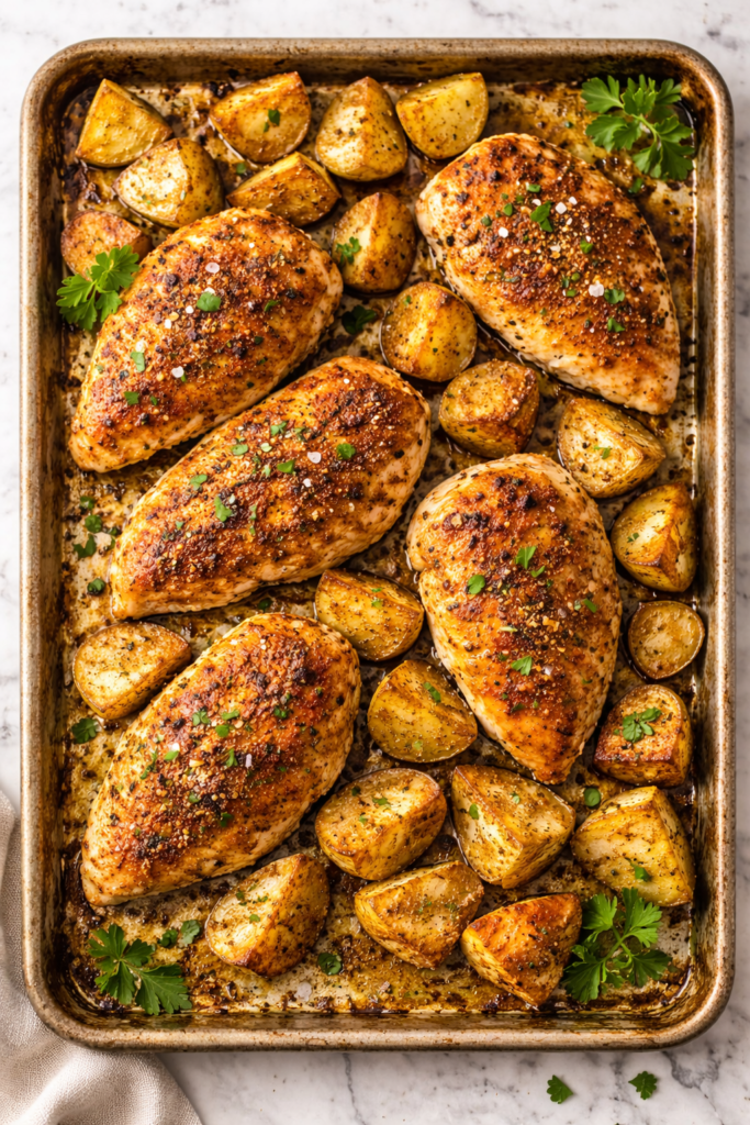 Sheet pan roasted chicken and potatoes seasoned with homemade farm dust seasoning