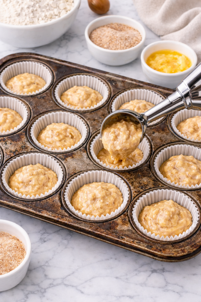 Batter being scooped into a well used muffin tin to make cinnamon sugar French toast muffins