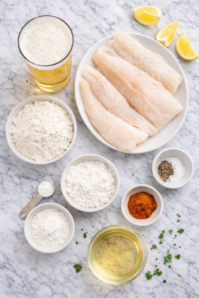 flat lay of ingredients for beer battered fish fry including cod fillets flour cornstarch beer spices and oil