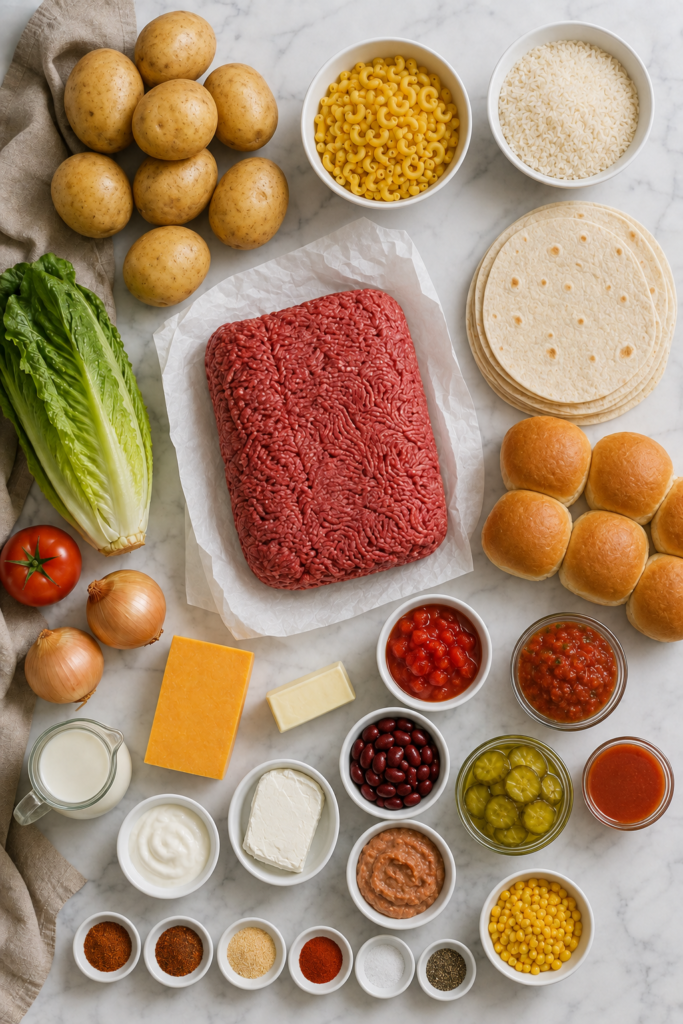 Affordable ingredients for making seven family meals from five pounds of ground beef