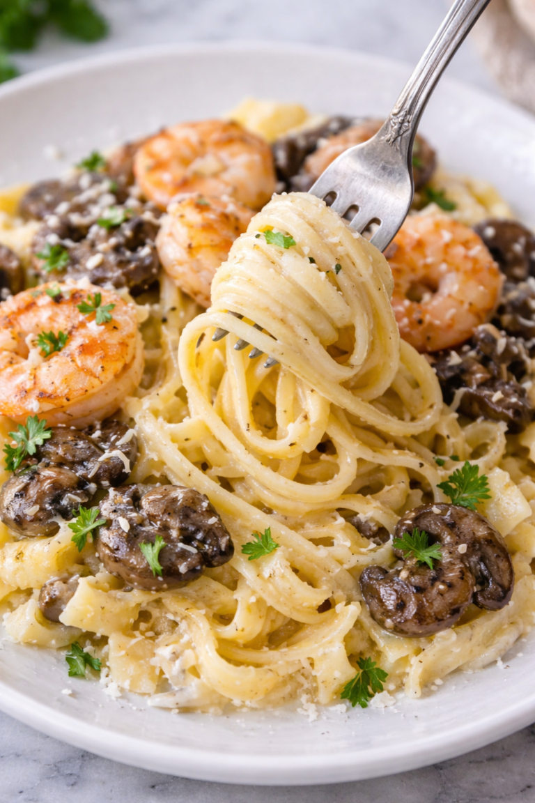 Fork twirling creamy shrimp pasta with mushrooms and Parmesan garlic sauce on a white plate