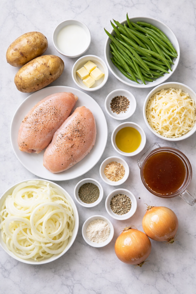 Flat lay of ingredients for French onion chicken mashed potato bowls including chicken breasts, potatoes, onions, green beans, cheese, butter, broth, and seasonings on a marble counter