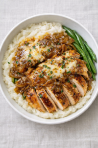 French onion chicken mashed potato bowl with sliced chicken, caramelized onion gravy, and green beans over creamy mashed potatoes in a white bowl