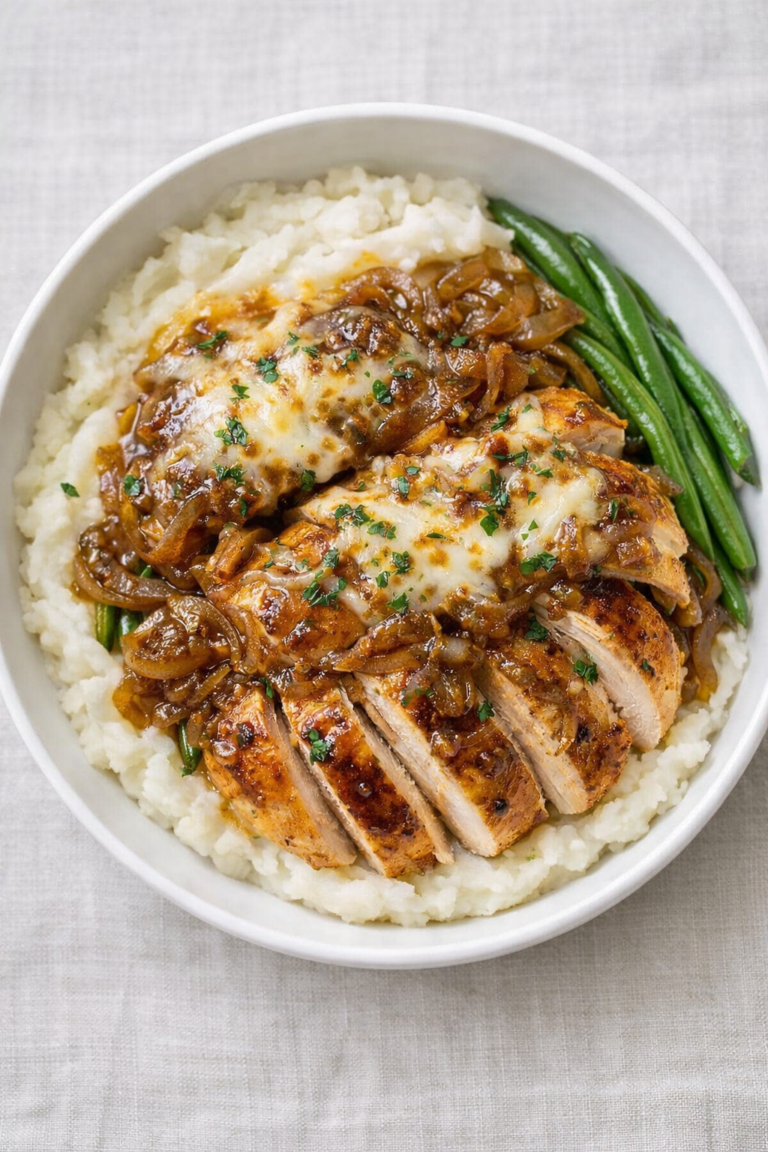 French onion chicken mashed potato bowl with sliced chicken, caramelized onion gravy, and green beans over creamy mashed potatoes in a white bowl