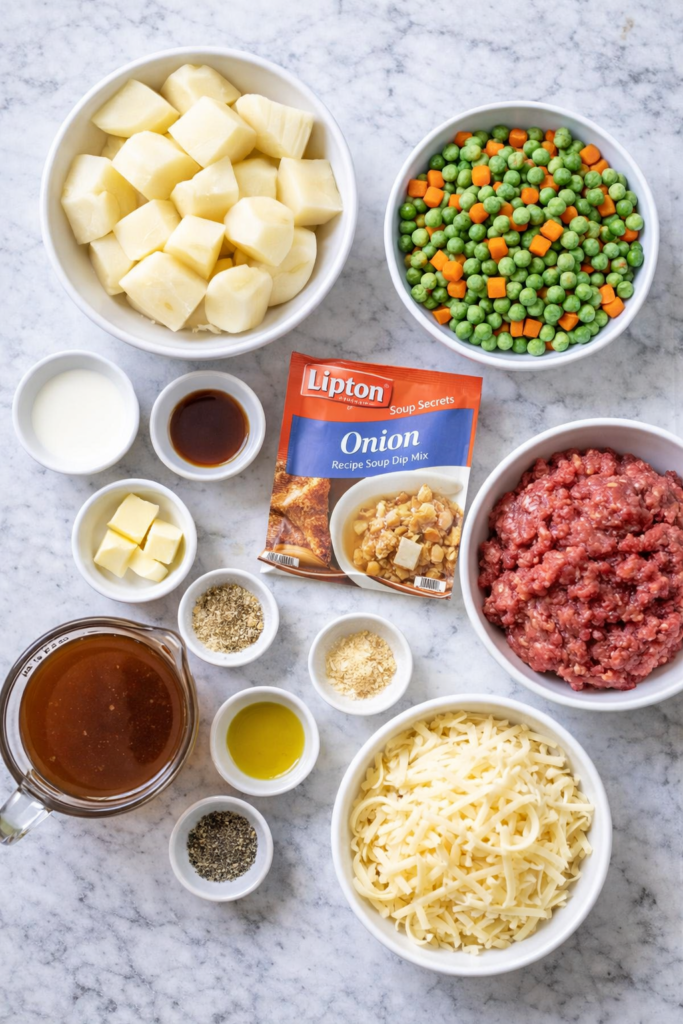 Flat lay of ingredients for French onion ground beef mashed potato bowls including ground beef, potatoes, Lipton onion soup mix, peas and carrots, cheese, and broth on a marble counter