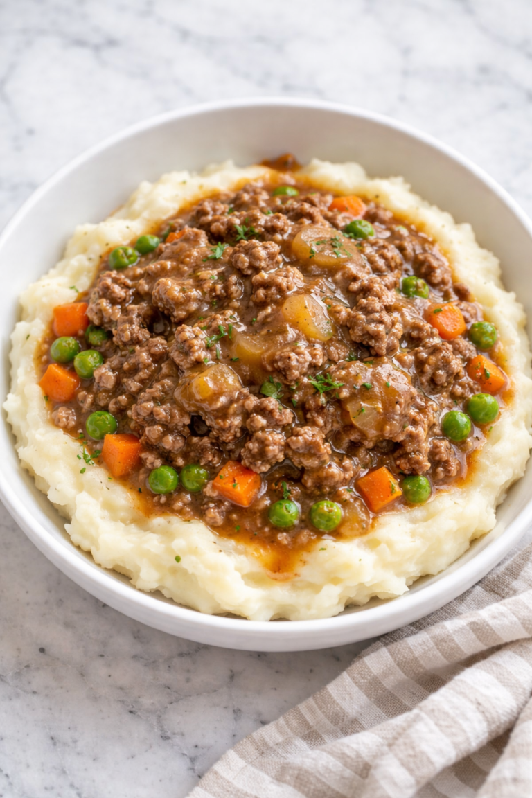 French onion ground beef mashed potato bowl with peas and carrots under savory onion gravy served in a white bowl