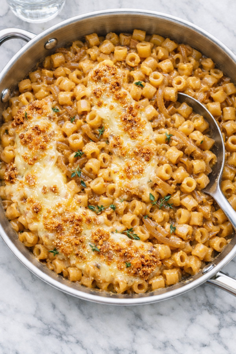 creamy french onion pasta with ditalini in beef broth sauce topped with melted gruyere and toasted breadcrumbs in stainless skillet