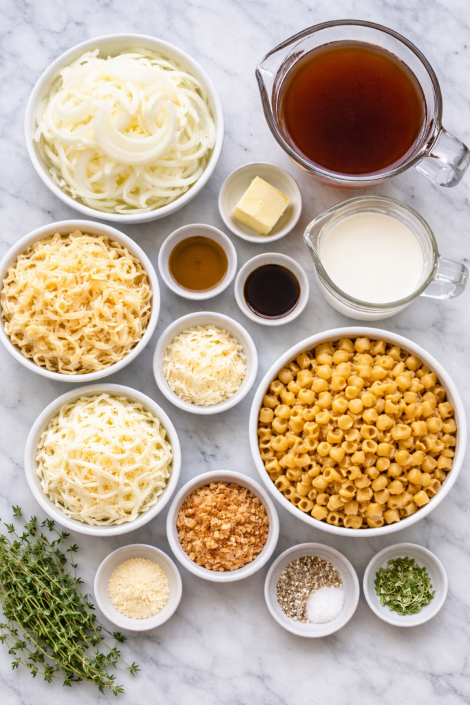 flat lay of ingredients for creamy french onion pasta including ditalini pasta, caramelized onions, beef broth, cream, and gruyere cheese on marble counter