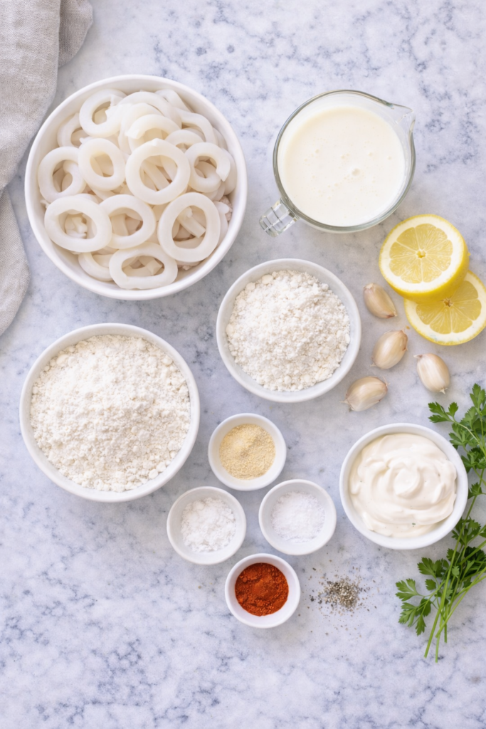 flat lay of ingredients for fried calamari with garlic aioli including calamari rings, flour, cornstarch, buttermilk, lemon, garlic, spices, and mayonnaise on marble counter