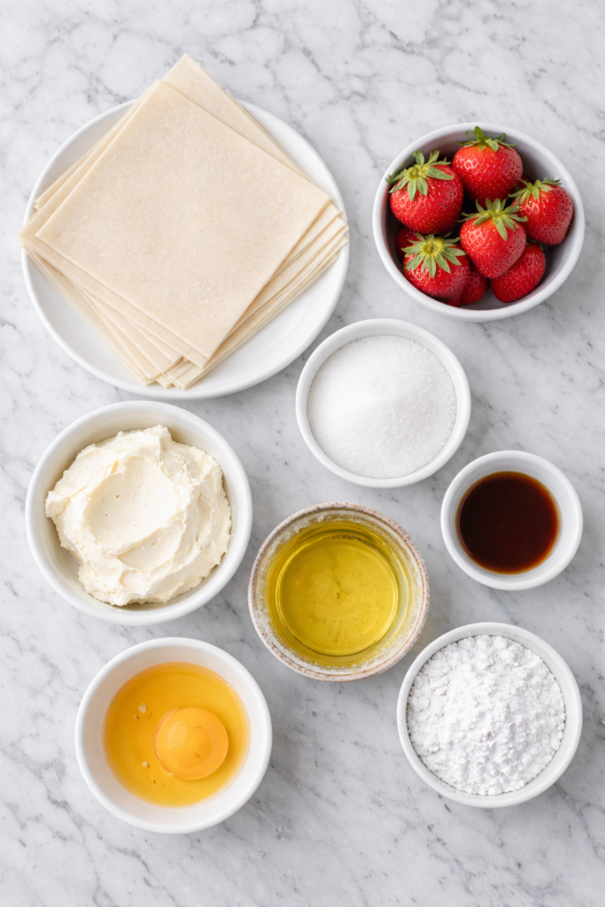 flat lay of ingredients for fried cheesecake egg rolls including cream cheese, eggroll wrappers, sugar, vanilla, egg, and oil on a marble counter