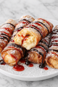 crispy fried cheesecake egg rolls drizzled with strawberry syrup and chocolate syrup on a white plate with powdered sugar