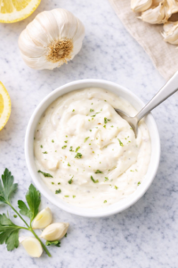 Creamy garlic aioli in a white bowl on a marble countertop with fresh garlic cloves, lemon, and parsley
