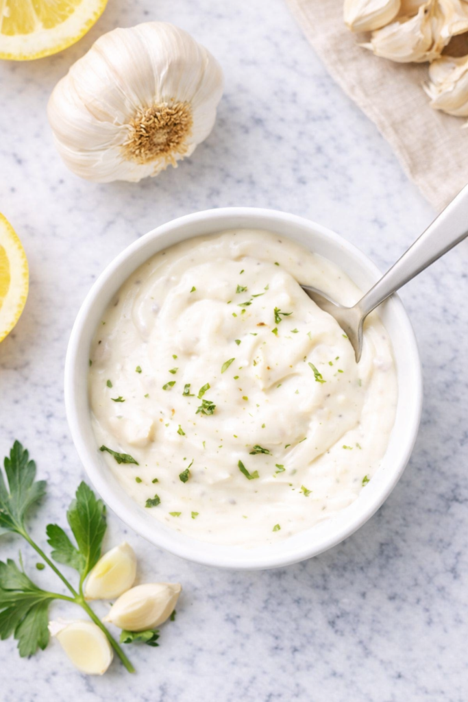 Creamy garlic aioli in a white bowl on a marble countertop with fresh garlic cloves, lemon, and parsley