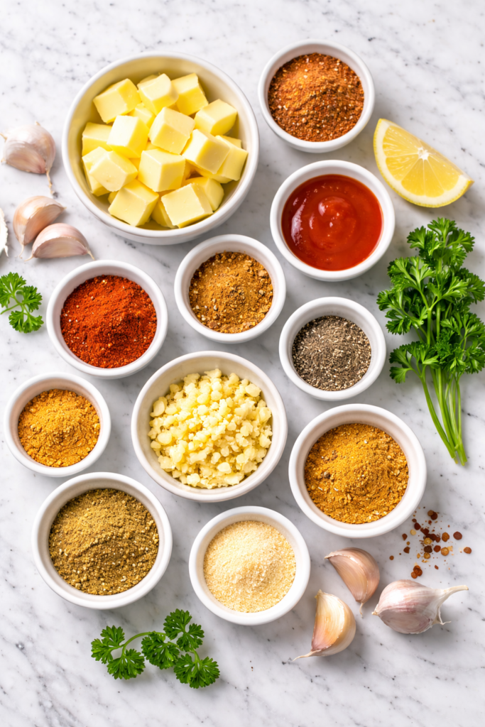 Flat lay of butter, garlic, Cajun seasoning, Old Bay, paprika, lemon, parsley, and spices on a marble countertop.
