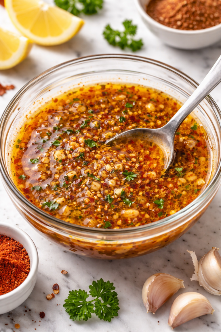 Glass bowl of garlic butter seafood boil sauce with minced garlic, Cajun spices, and hot sauce on a marble countertop.