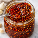 Jar of homemade garlic chili crisp with crispy garlic and chili flakes in red chili oil on a marble counter with a spoon