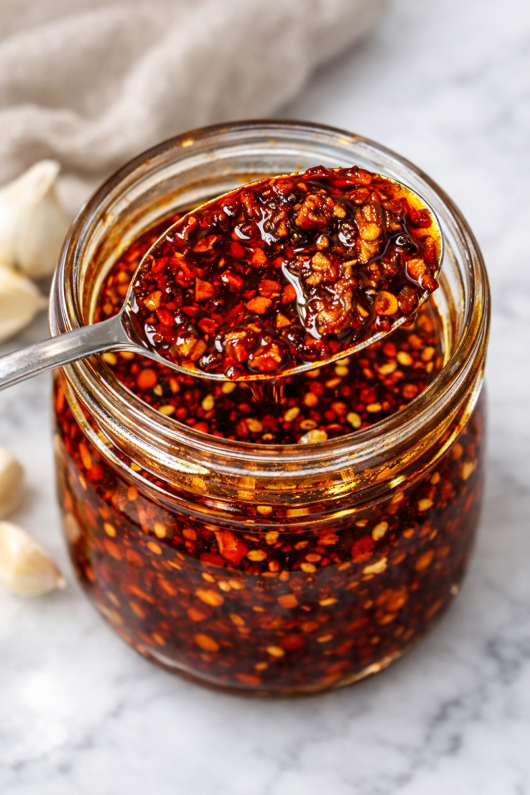 Jar of homemade garlic chili crisp with crispy garlic and chili flakes in red chili oil on a marble counter with a spoon