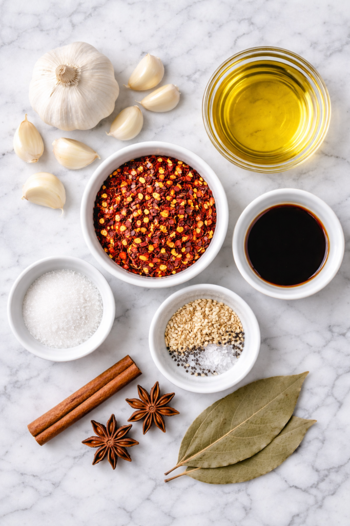 Flat lay of ingredients for homemade garlic chili crisp including garlic, chili flakes, oil, soy sauce, sesame seeds, and spices on a marble counter
