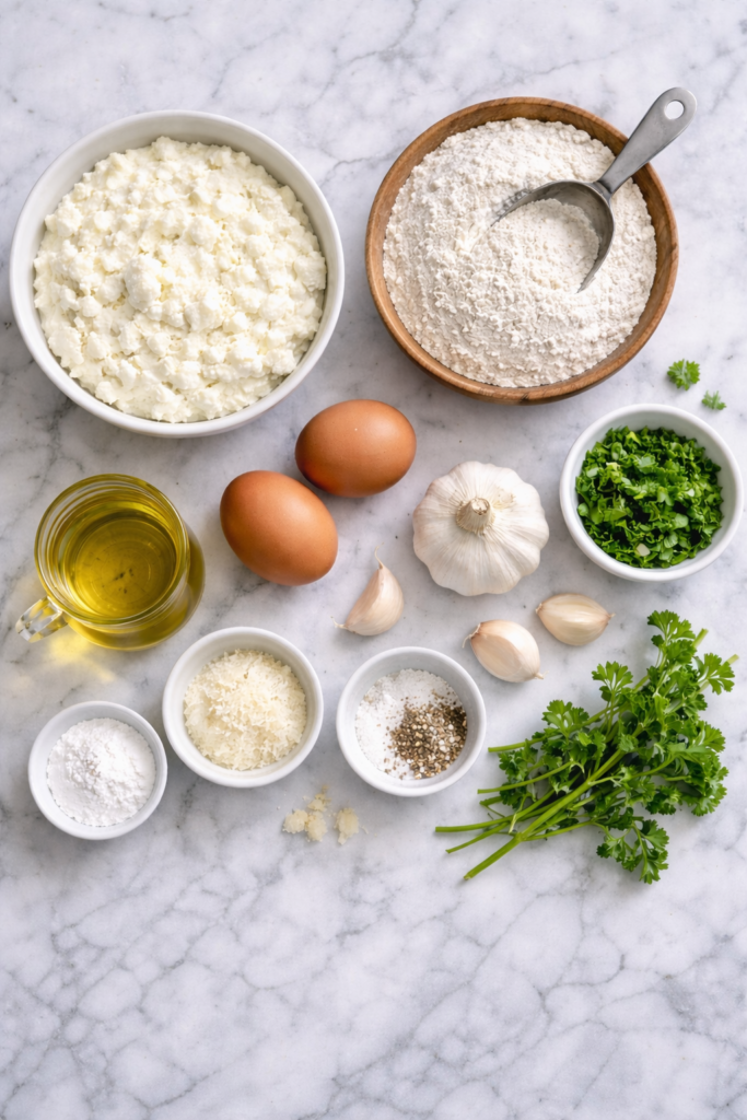 flat lay ingredients for garlic cottage cheese bread including cottage cheese flour eggs garlic olive oil and parsley on marble counter