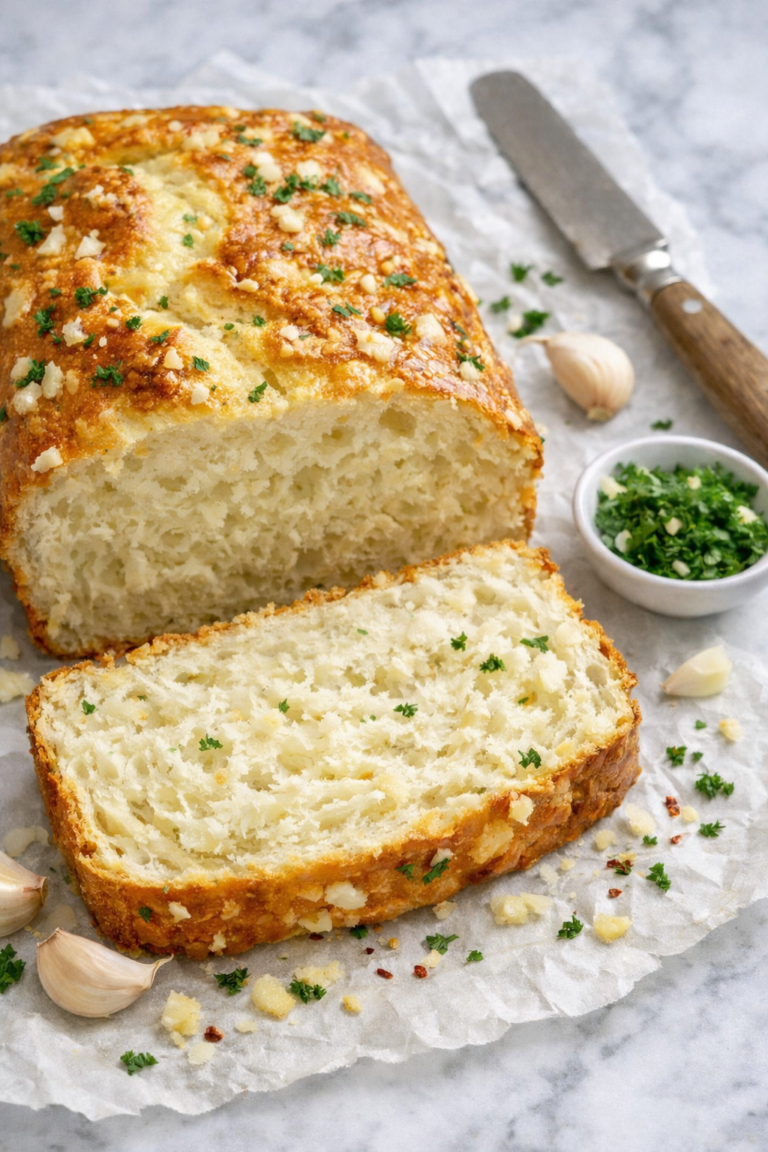 Garlic Cottage Cheese Bread Loaf on Marble Counter
