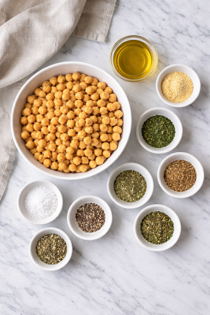 Flat lay of ingredients for garlic and herb baked chickpeas including chickpeas olive oil garlic powder parsley oregano thyme salt and pepper in small bowls on marble counter
