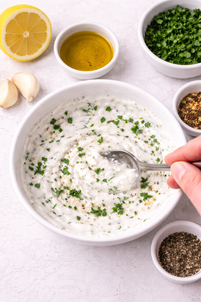 Garlic yogurt sauce being mixed in a bowl with lemon, olive oil, parsley, and garlic for shawarma kabobs