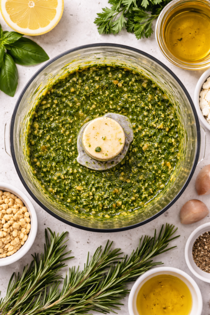 Greek garlic pesto blended in a food processor with parsley basil garlic olive oil feta and lemon overhead view
