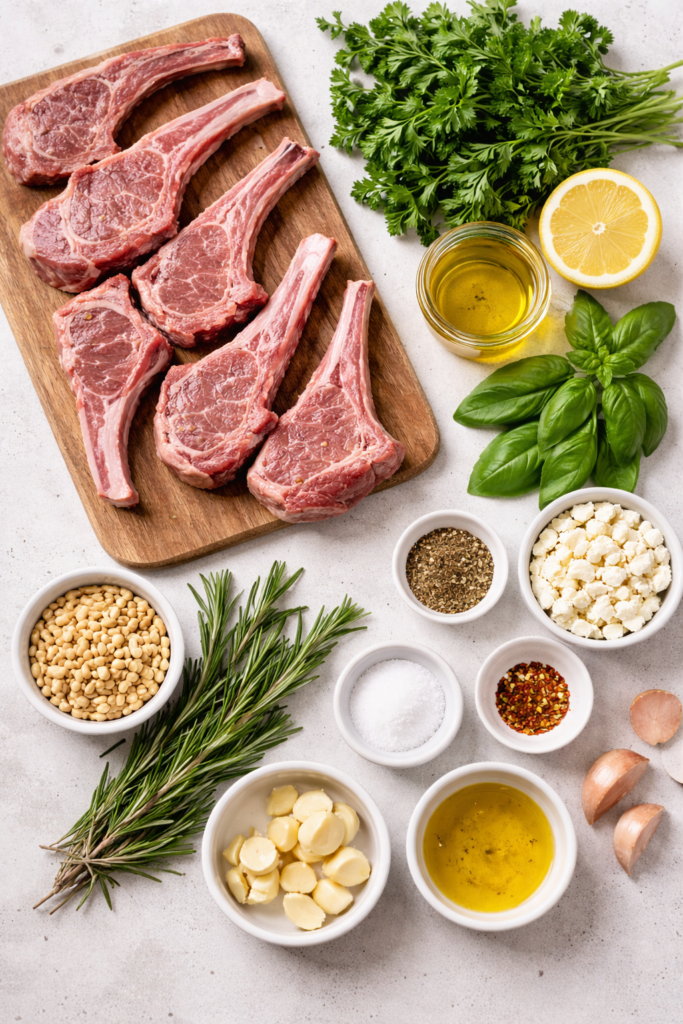 ingredients for pan seared lamb chops with Greek garlic pesto including lamb chops garlic herbs lemon olive oil feta and rosemary flat lay