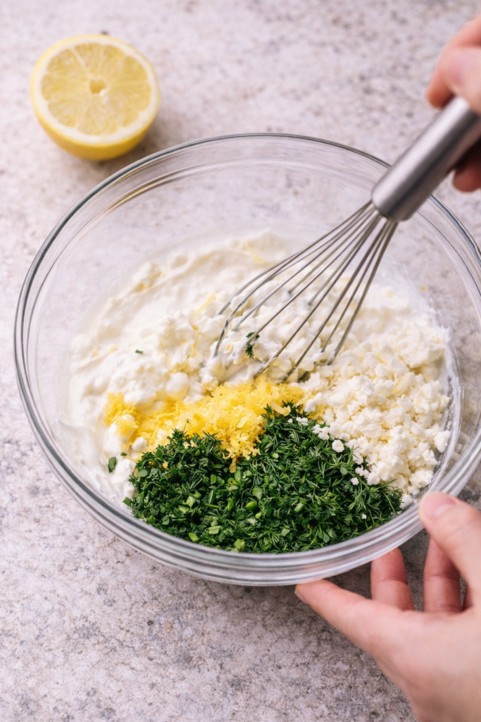 Greek yogurt sauce being whisked in a glass bowl with lemon zest, garlic, and fresh dill
