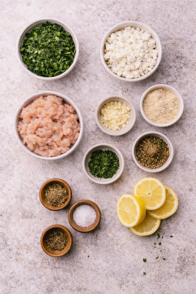 Flat lay of ingredients for Greek spinach and feta chicken kabobs including ground chicken, spinach, feta cheese, garlic, dill, breadcrumbs, oregano, and lemon