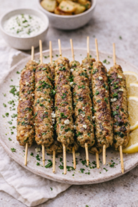 Greek spinach and feta chicken kabobs baked on skewers with parsley and lemon slices on a white plate