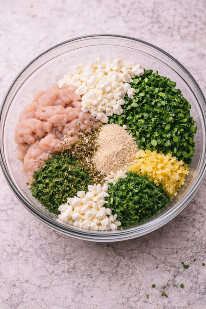Ground chicken with spinach, feta, garlic, dill, lemon zest, and breadcrumbs in a glass bowl before mixing for Greek chicken kabobs