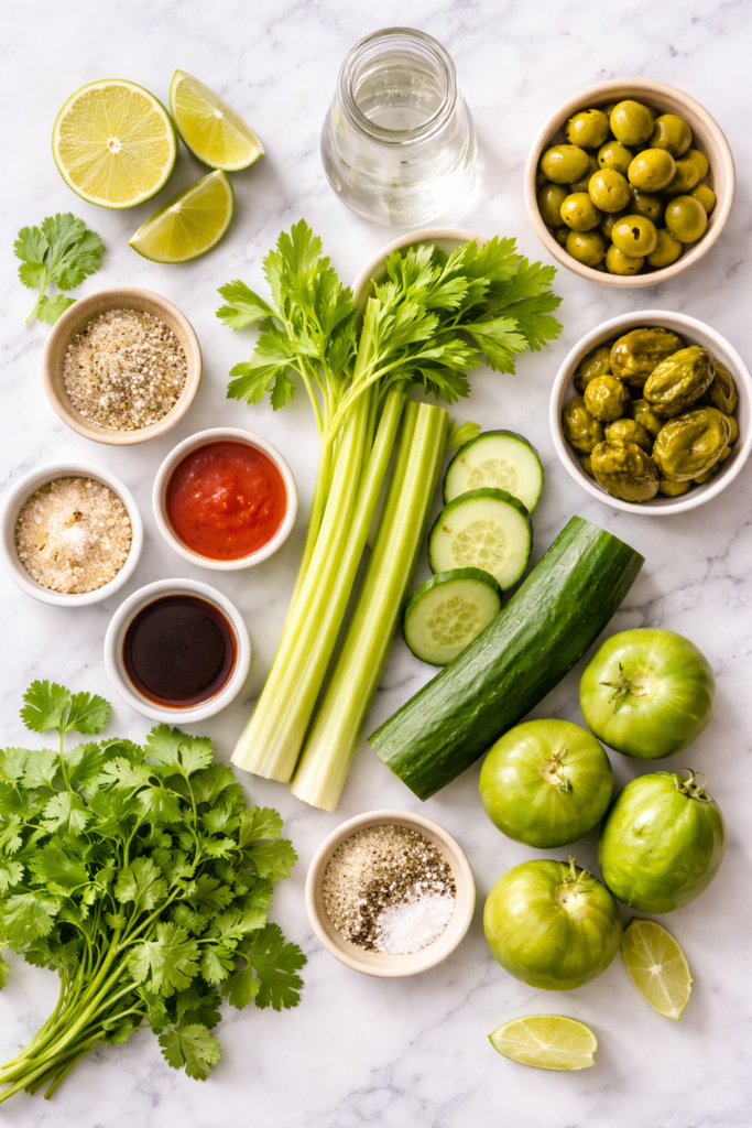 Flat lay of ingredients for a green Bloody Mary including cucumber, celery, tomatillos, lime, herbs, olives, and spices on a marble countertop