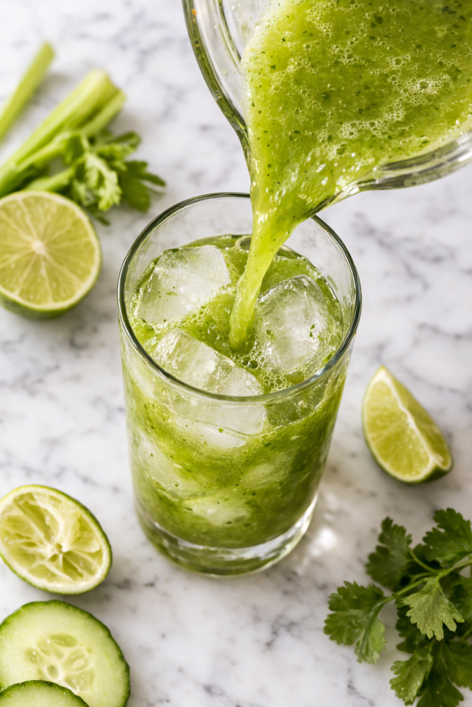 Green Bloody Mary mix being poured over ice in a tall glass on a marble countertop with lime and fresh herbs