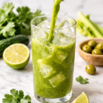 Green Bloody Mary cocktail garnished with celery, olives, lime, and jalapeño on a marble countertop for St Patrick’s Day brunch