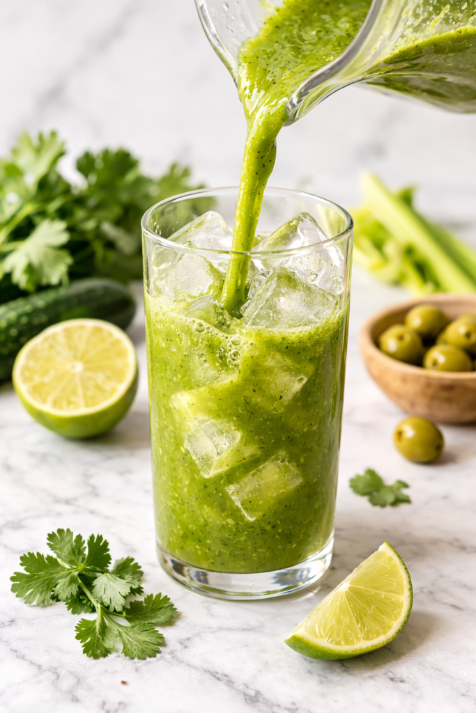 Green Bloody Mary cocktail garnished with celery, olives, lime, and jalapeño on a marble countertop for St Patrick’s Day brunch