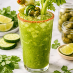 Green Bloody Mary cocktail with celery, olives, and lime on a marble countertop for St Patrick’s Day brunch hangover cure