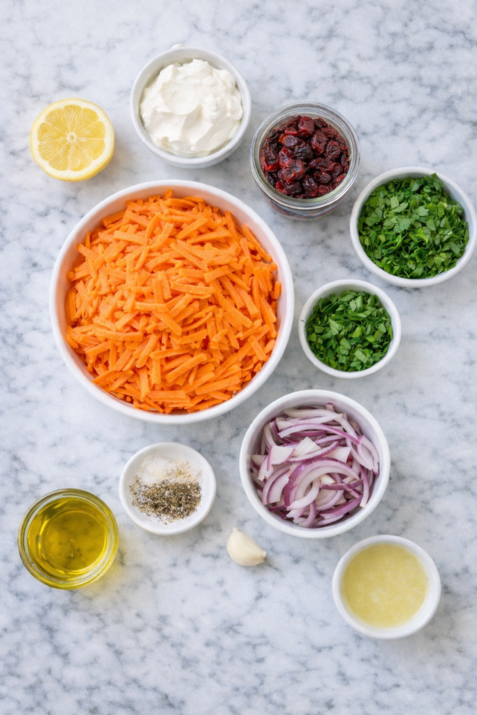 Alt Text: flat lay of ingredients for green goddess carrot slaw with shredded carrots, dried cranberries, herbs, lemon, yogurt, olive oil, and red onion on marble counter