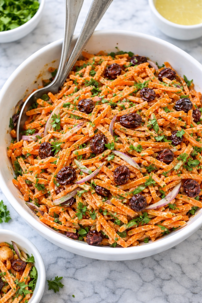 green goddess carrot slaw with dried cranberries and herbs tossed in creamy dressing in a white bowl on marble counter