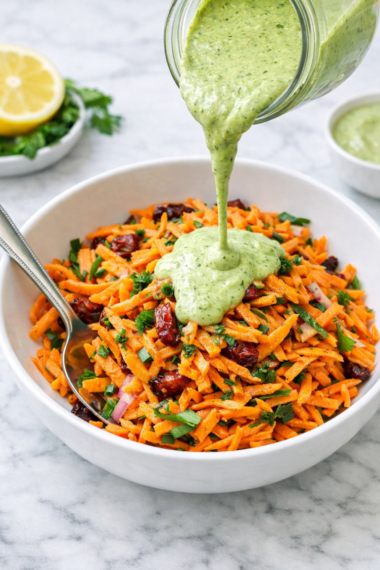 Alt Text: Green goddess carrot slaw with dried cranberries and creamy herb dressing being poured over shredded carrots in a white bowl on a marble countertop