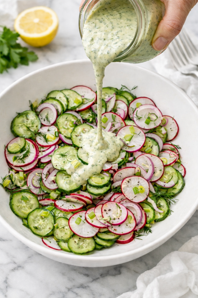 green goddess cucumber salad with radishes and red onion topped with creamy herb dressing