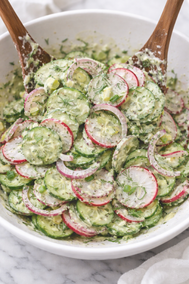 green goddess cucumber salad with radishes and red onion tossed in creamy herb dressing