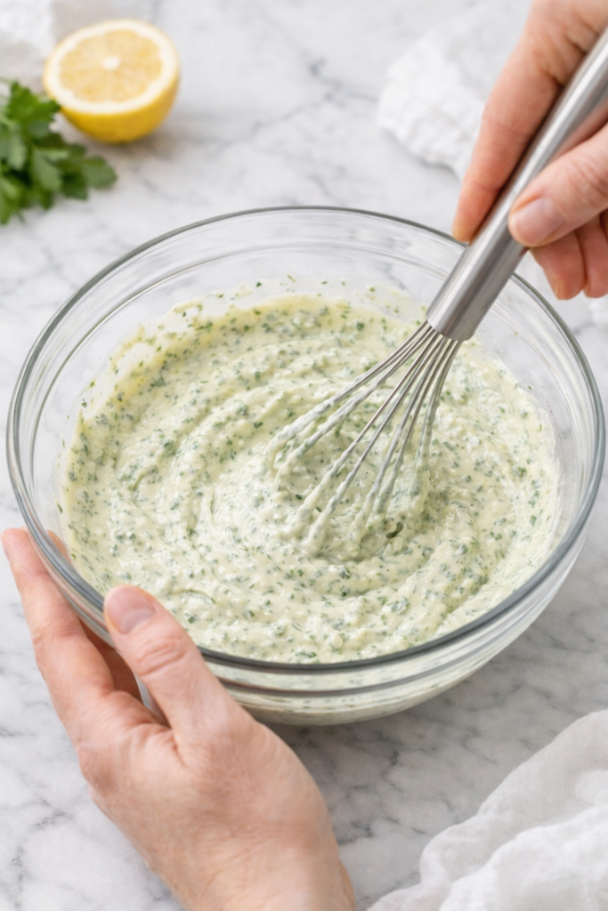 Mixing Homemade Green Goddess Dressing