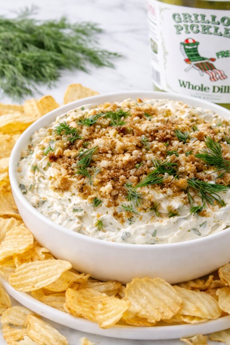 Creamy dill pickle dip topped with toasted breadcrumbs and fresh dill served in a white bowl with crinkle cut potato chips on a marble countertop with a container of Grillo’s Pickles in the background.