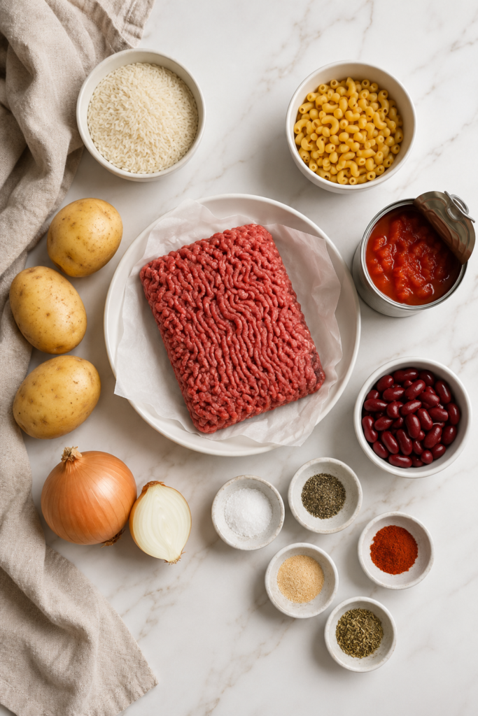 Bird’s-eye flat lay of one pound of ground beef with rice, pasta, potatoes, kidney beans, canned tomatoes, onion, and seasonings