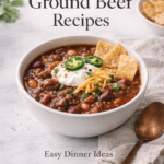 Bowl of homemade ground beef chili topped with sour cream, cheese, and jalapeños on a marble counter with text overlay “50+ Ground Beef Recipes Easy Dinner Ideas”