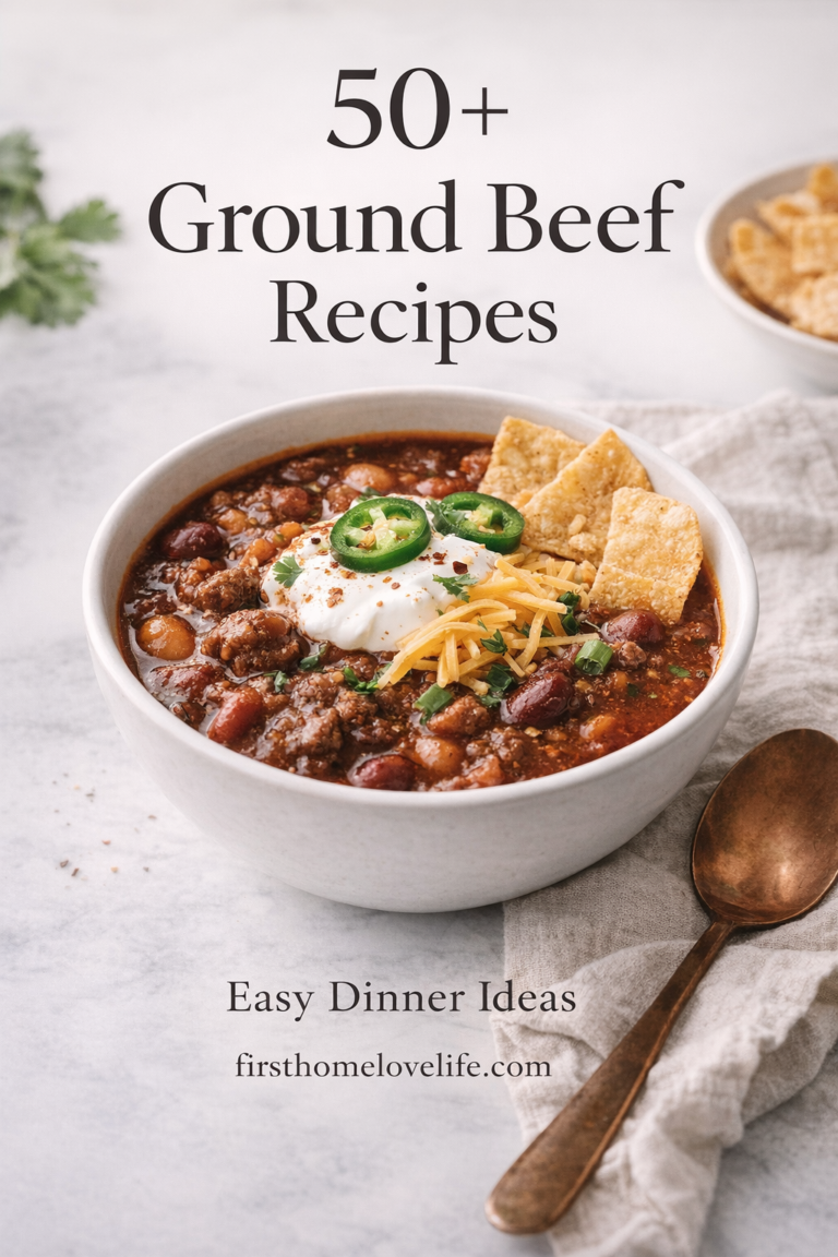 Bowl of homemade ground beef chili topped with sour cream, cheese, and jalapeños on a marble counter with text overlay “50+ Ground Beef Recipes Easy Dinner Ideas”